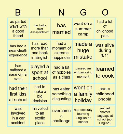 Past experiences Bingo Card