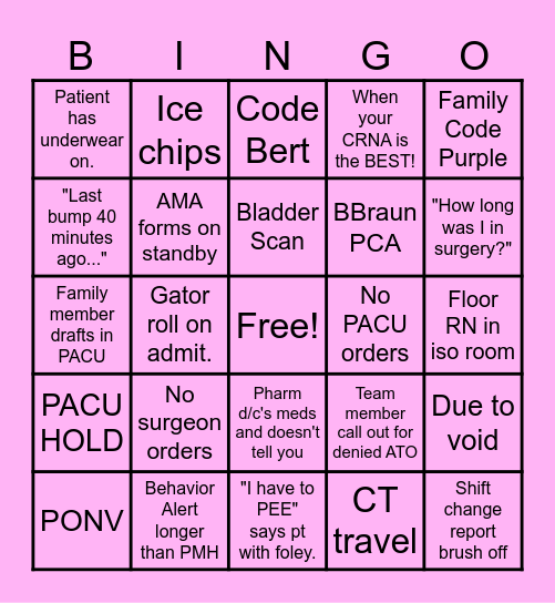 PACU Nurses Week Bingo Card