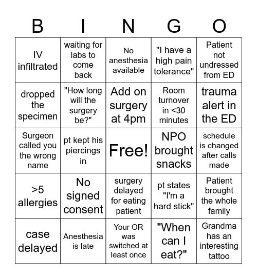 Surgical BINGO Card