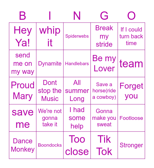 Music Bingo 6 Bingo Card