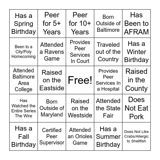 PEER BINGO Card