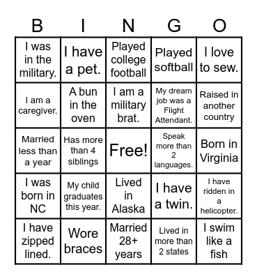Getting To Know You Bingo Card