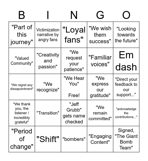 No Giant Bombcast Announcement Bingo Card