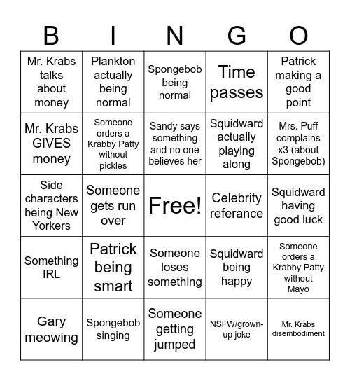 Spongebob Bingo Card