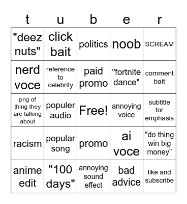 kids youtuber bingo Card