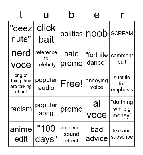 kids youtuber bingo Card