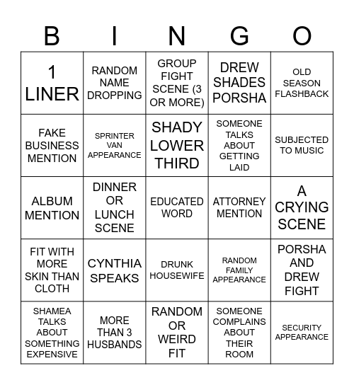 ATL Housewives S16 EP 9 Bingo Card