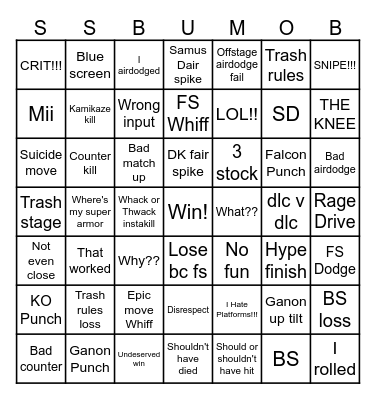 Smash Ultimate Mega Online Bingo Card