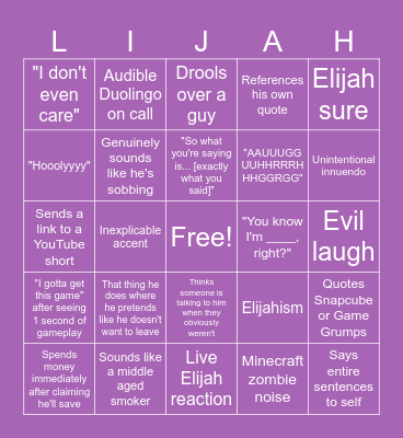 Elijah Bingo Card
