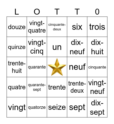 French NUMBERS Bingo Card