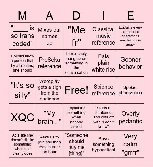 Madeline Bingo Card