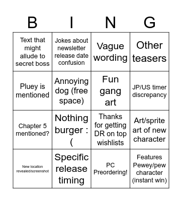 Newsletter bingo Card