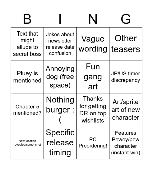 Newsletter bingo Card