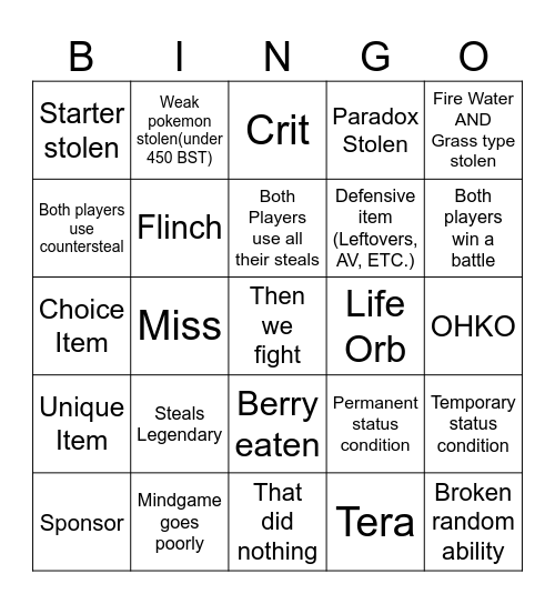 Steal or No Steal Starter Pokemon, then battle! Bingo Card
