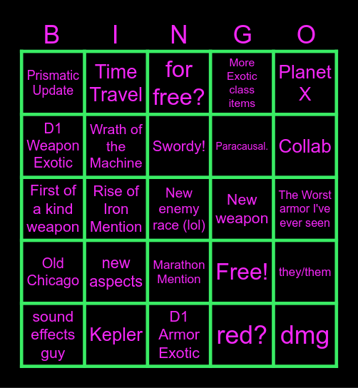 Destiny 2 Bingo Card
