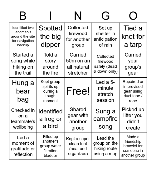 Backcountry Bingo! Bingo Card