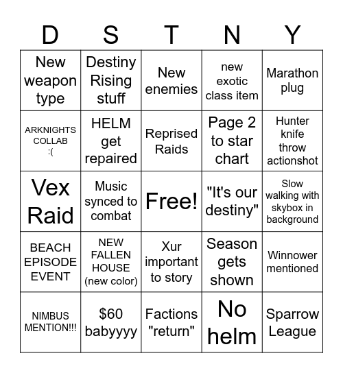 Destiny Edging Fate Predictions Bingo Card