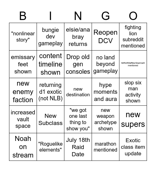 Edge of Fate Bingo Card