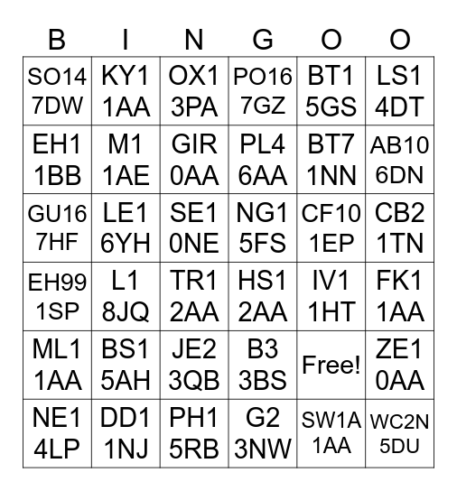 British Postcodes Bingo Card
