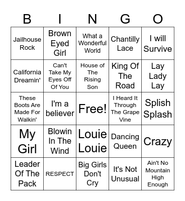 60's Music Bingo Card