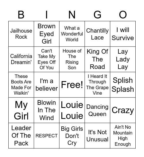 60's Music Bingo Card