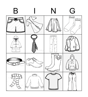Clothes Bingo! Pictures Bingo Card