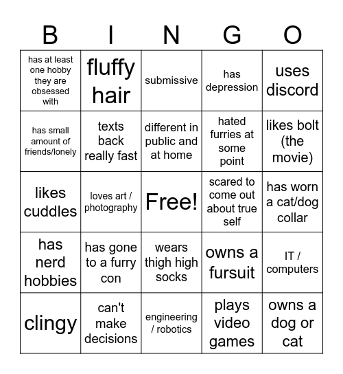 Furry Bingo Card