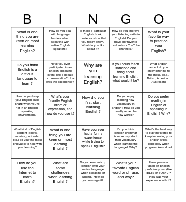 I study English Bingo Card