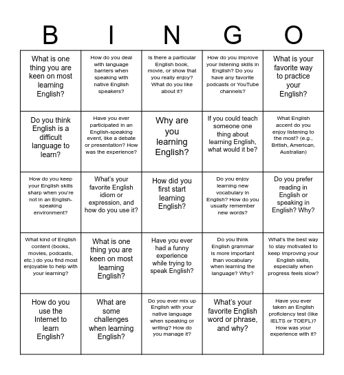 I study English Bingo Card