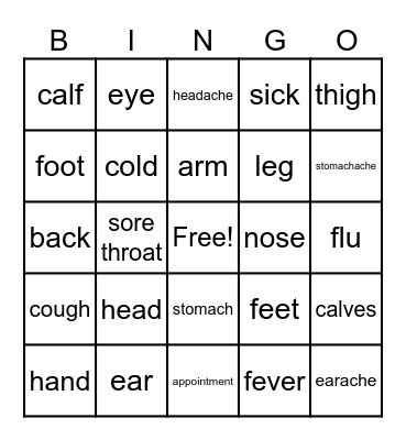Parts of the Body Bingo Card