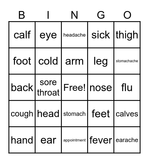 Parts of the Body Bingo Card