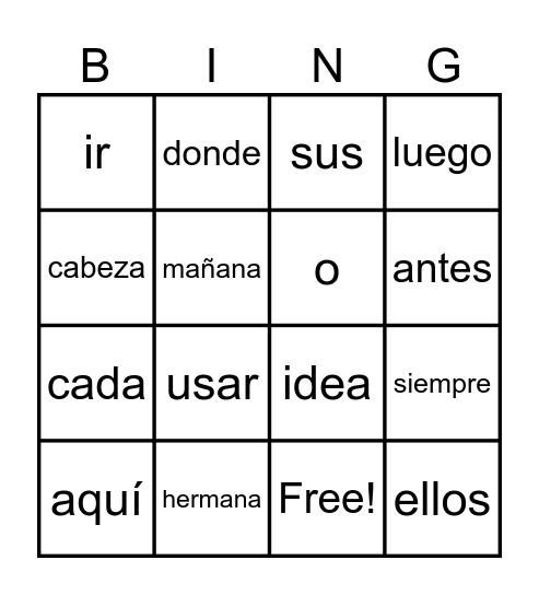 Palabras de Uso Frecuente Bingo Card