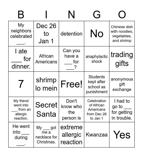 New Kid Chapters 7-9 Bingo Card