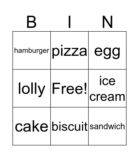 Food Bingo Card