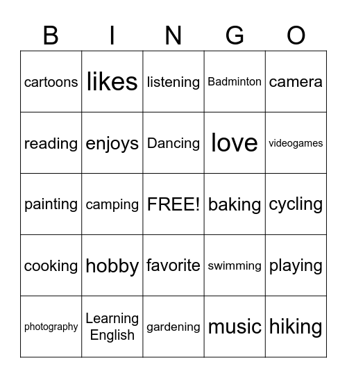 Hobbies Bingo Card