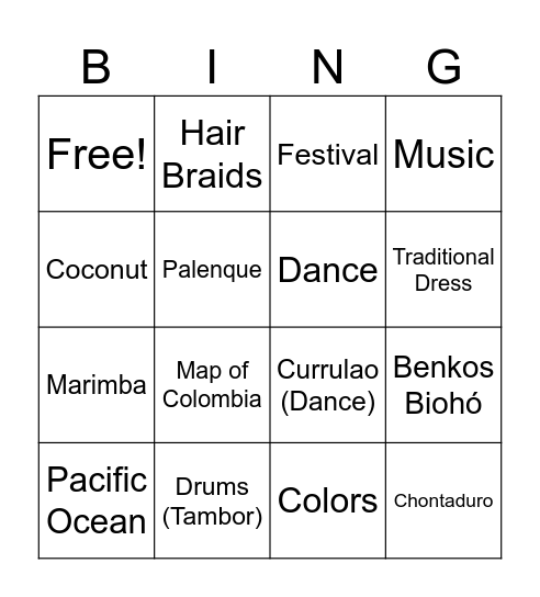 Afro-Colombian Bingo Card