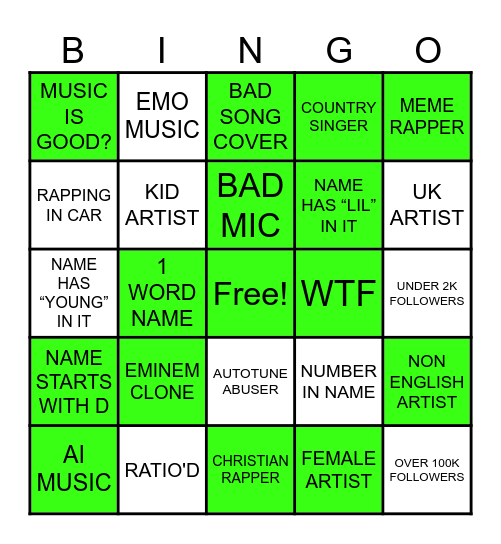 Instagram Music Bingo Card