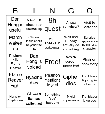 HSR 3.3 Story Bingo Card