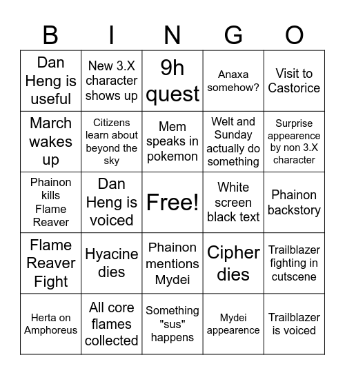 HSR 3.3 Story Bingo Card