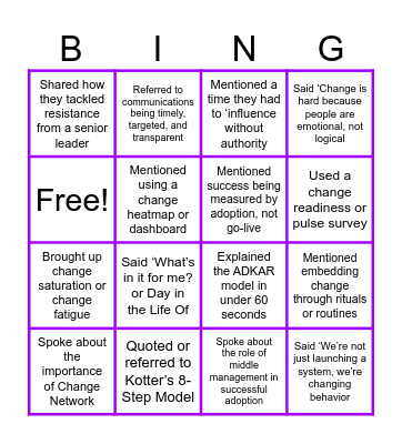 Change Management Bingo Card