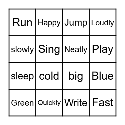 Adverb, Verb, and Adjective Bingo Card