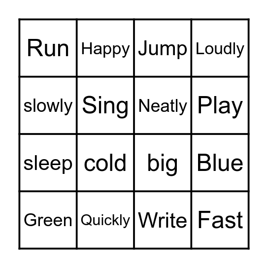 Adverb, Verb, and Adjective Bingo Card