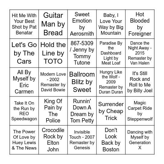 Classic Rock Bingo Card