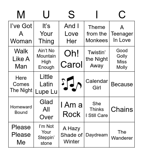 1960's Bingo Card