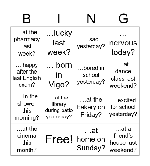 Was/were Bingo Card