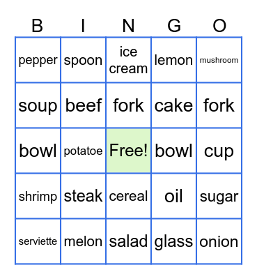 Food and tableware Bingo Card