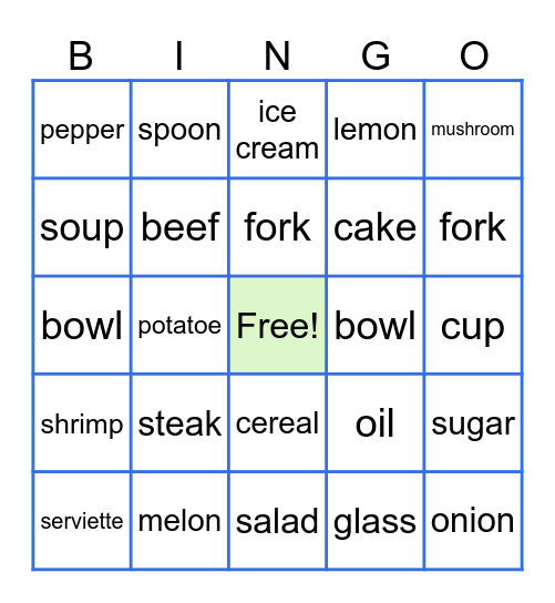 Food and tableware Bingo Card
