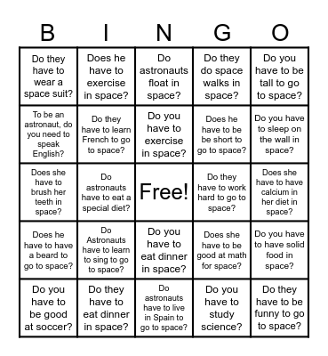Curious About Grammar: "have to" Space Bingo Card