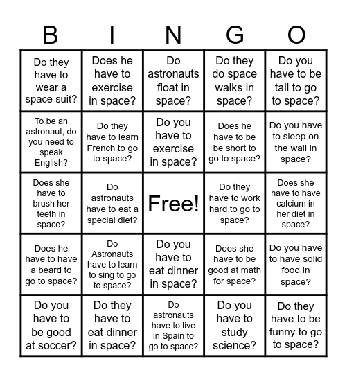 Curious About Grammar: "have to" Space Bingo Card