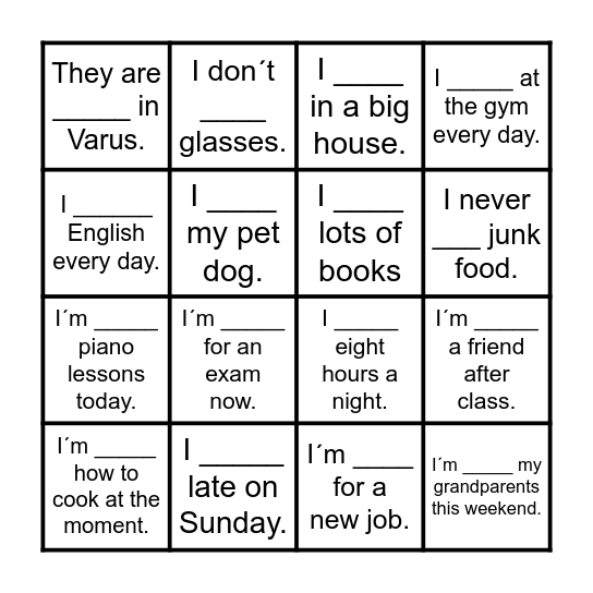 Present Simple vs Present Continuous Bingo Card